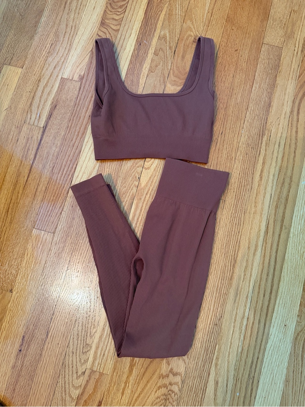 Ribbed Seamless Crop Top & High-Waist Leggings Set - Chocolate Brown
